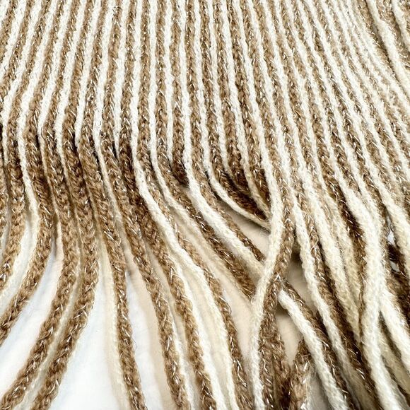 Chicos Cowl Neck Poncho OS Beige/Tan Metallic Striped Knit Sweater Fringe NEW - Picture 8 of 8